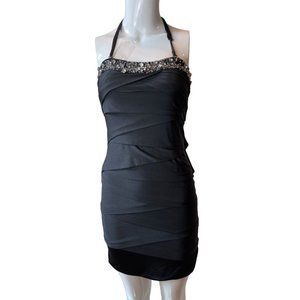 Twenty One Women Beaded Cocktail Halter Mini Dress Ruffle Layered Black Size M
